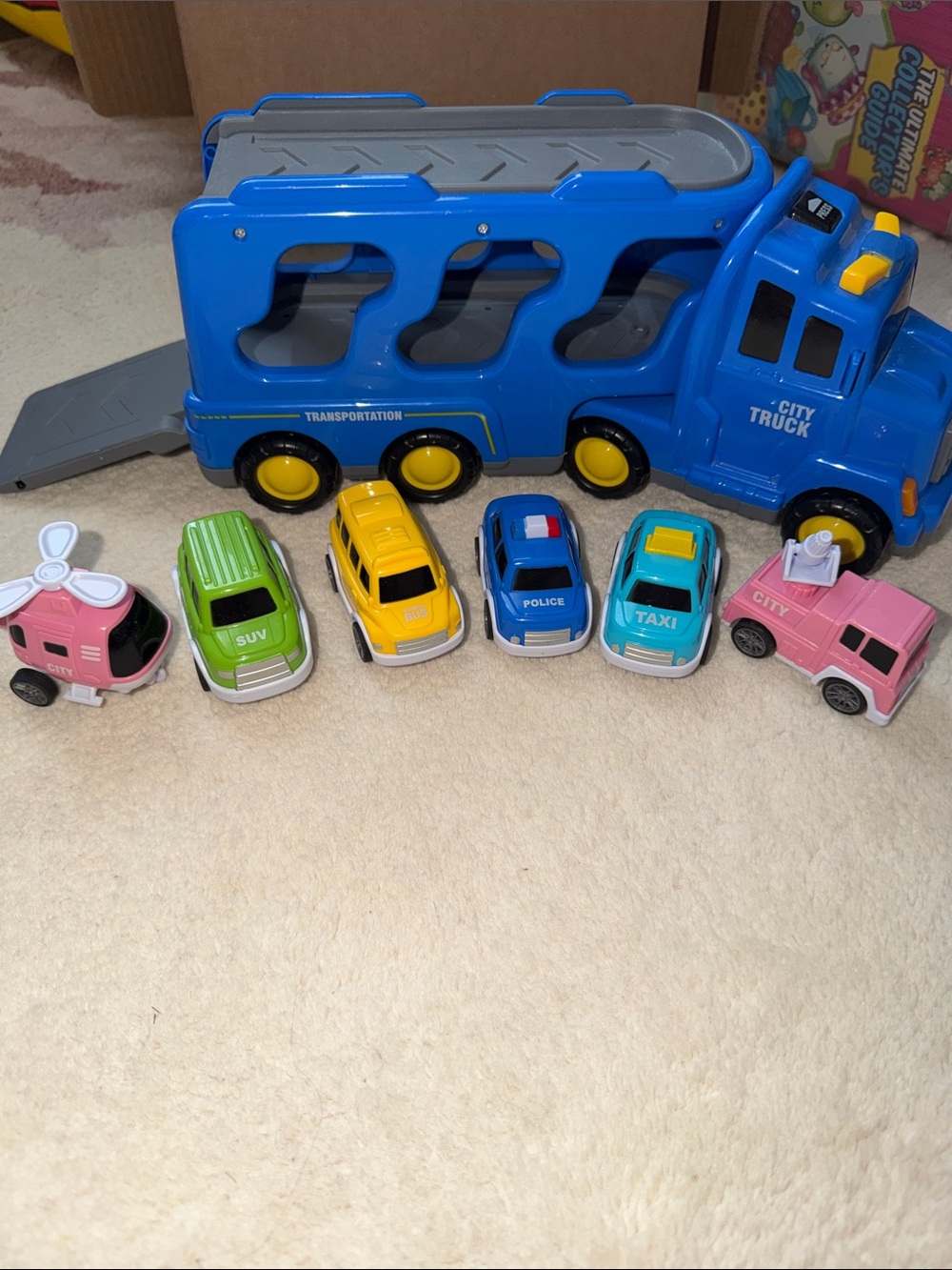City Truck Playset with Blue Transporter and Multicolor Mini Vehicles